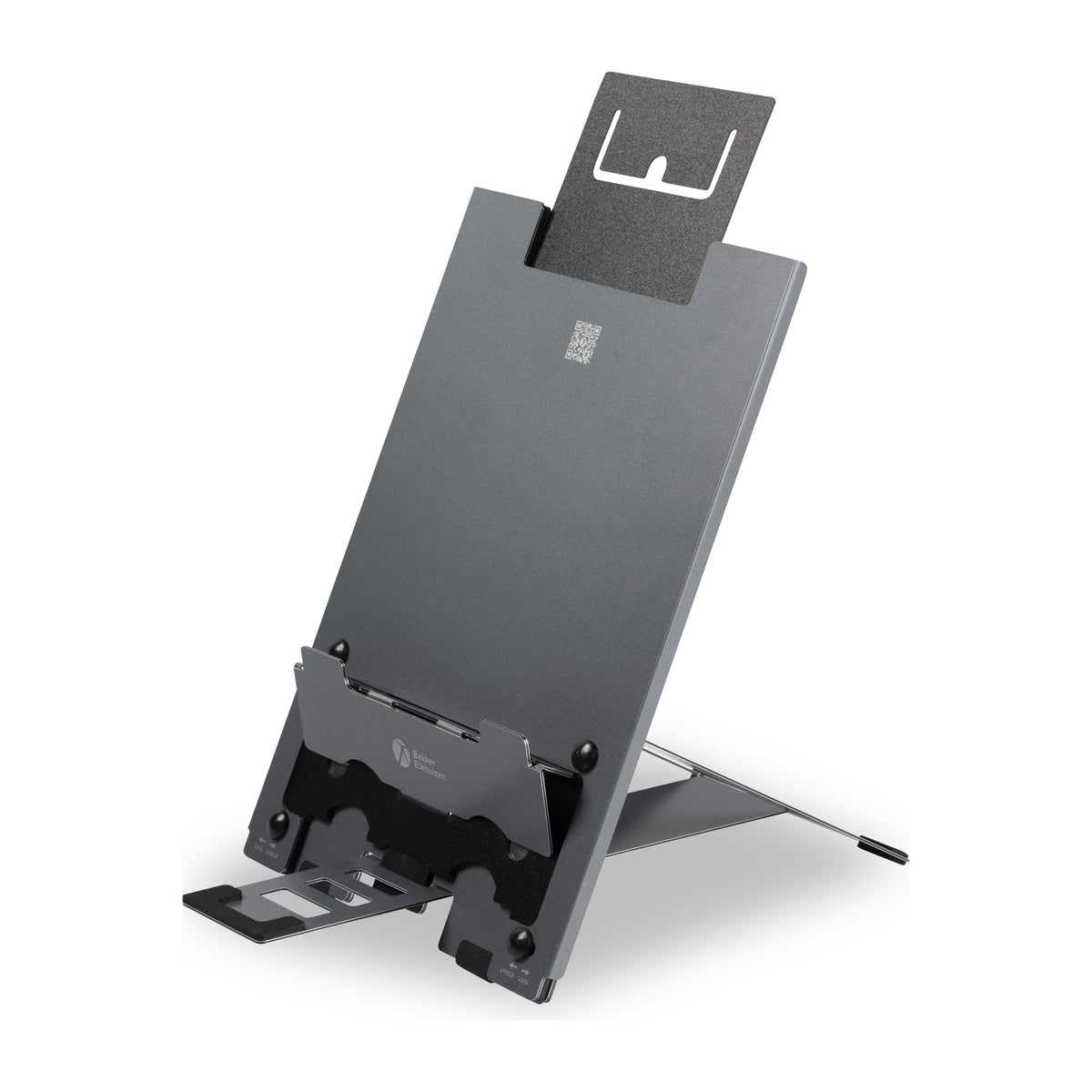 BakkerElkhuizen Ergo-Q Hybrid Pro Laptopstandaard - schuin vooraanzicht